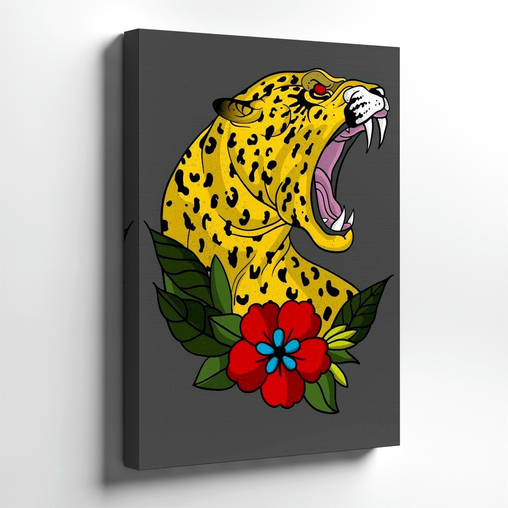 Wall Art Roaring Leopard Head With Flower Tropical Red Leaves Animal Gift Print