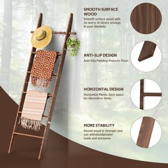 Farmhouse 6 Ft Wooden Blanket Ladder with Removable Hooks, 6-Tier Rustic Blan…