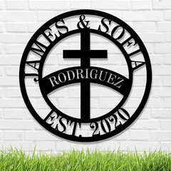 Personalized Cross Family Name Sign,Last Custom Christian Metal Signs,