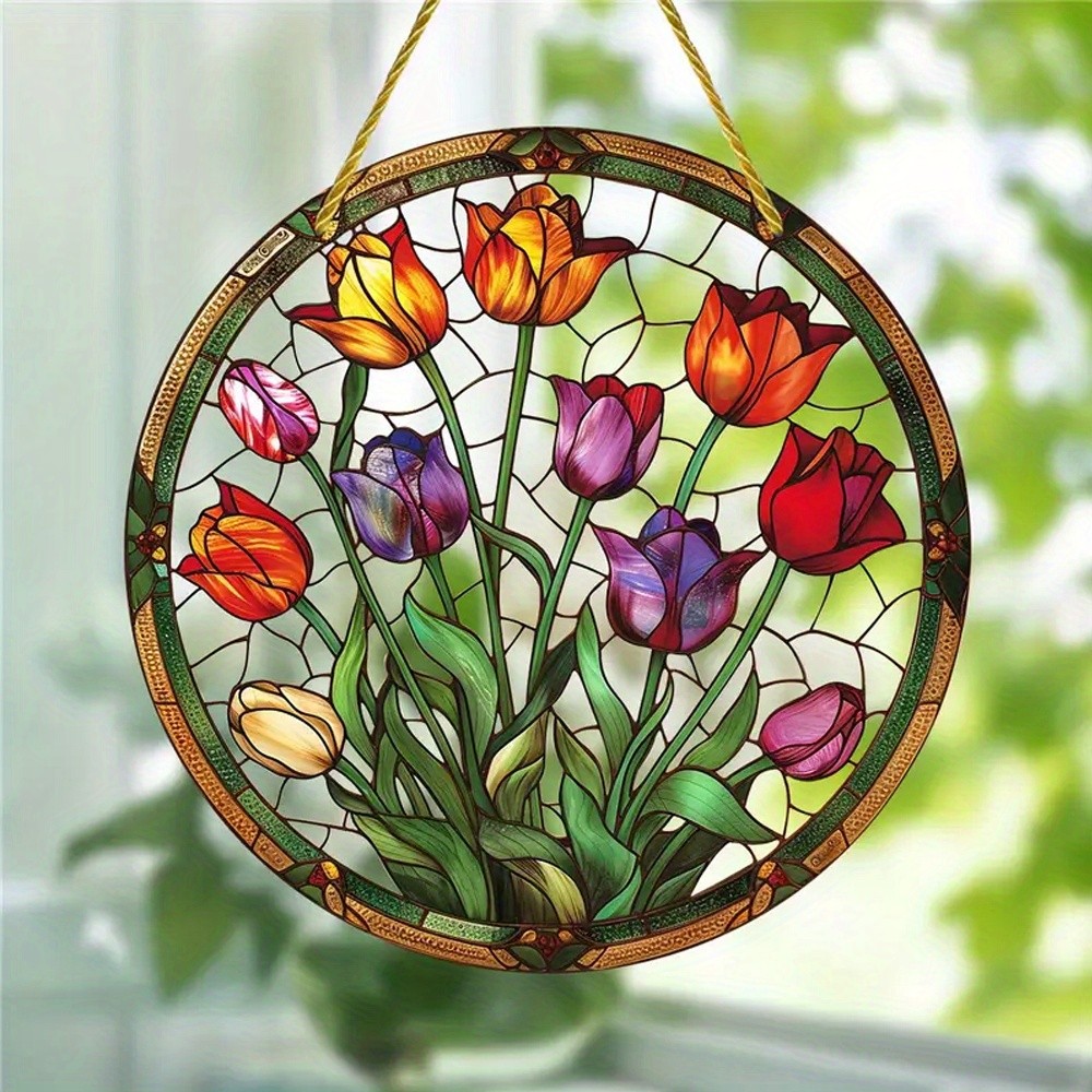 Colorful Tulip Acrylic Suncatcher Home Living Room Round Window Hanging Decor
