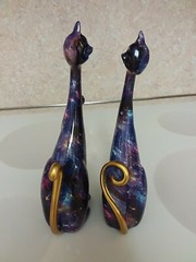 2 Cat Statues, Multi-color Cat Figurine Resin Home Decor Starry Sky