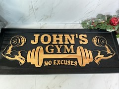 Personalized Carved Wood Sign~”JOHN’S GYM” No Excuses~Custom Made Black~NICE!