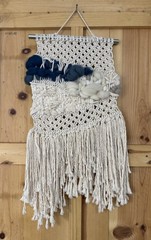 Handmade Bohemian 31” Beige Blue Macrame Tasseled Wall Hanging Woven Home Decor