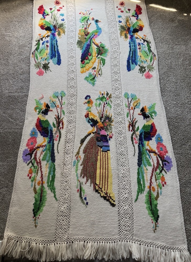 Vintage Handmade Crochet Peacock Afghan Blanket Large Tapestry Throw 70s 80s
