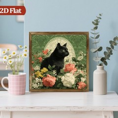 Dark Green Floral Cat Wooden Plaque for Cat Lovers Victorian Home Decor