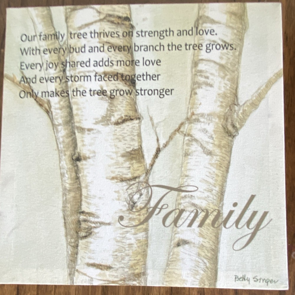 Family Quote Birch Tree Wall Plaque Square Wood Canvas Printed Beige Brown