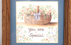 Square Wood-Framed Wall Hanging «You Are Special’ Basket Pink Blue Flowers