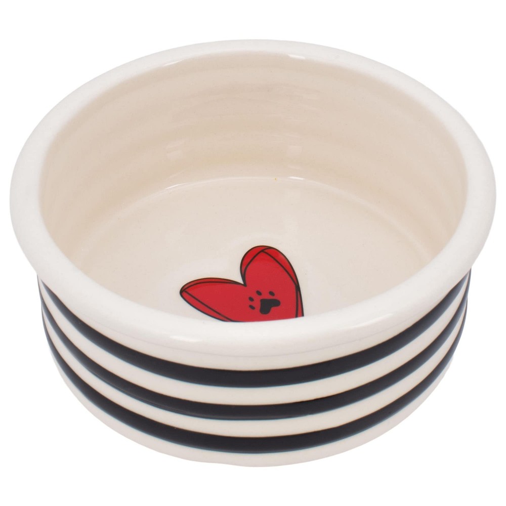 Demdaco Heart w/Paw Print & Black Stripe Pet Bowl White Stoneware Medium 7″Dx3″H