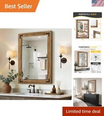 Wood Bathroom Mirror for Wall, 26″x38″ Rustic Farmhouse Wood Framed Mirror fo…