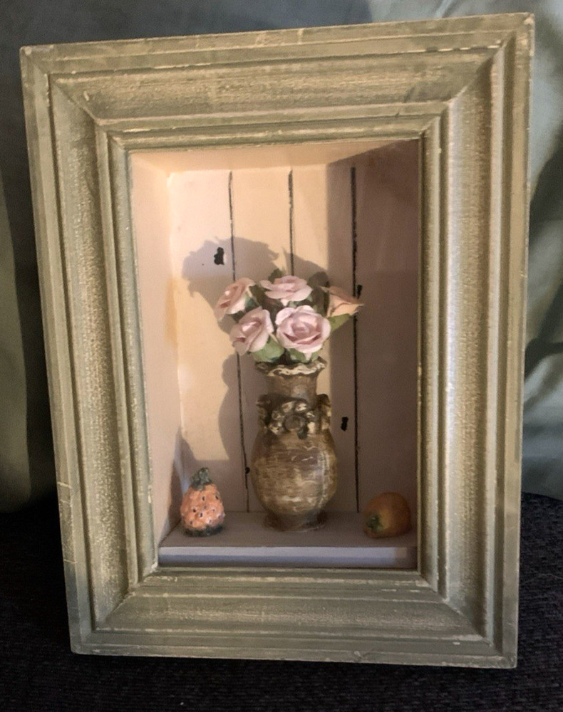 Rustic Framed 3D Shadow Box Flower Potted Farmhouse Cottage 7″x9″ home decor