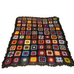 Vintage Handmade Granny Core Crochet Roseanne Afghan Twin Blanket Throw Black