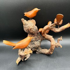 Vtg Hand Carved Wooden Birds on Driftwood Base Rustic Folk Art Sculpture As Is