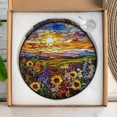 Sunset Wildflower Stained Glass Suncatcher, Floral Meadow Window Hanging