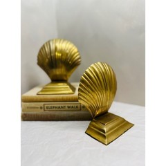 Vintage Solid Brass Scalloped Seashell Bookends Coastal Hollywood Regency Gold