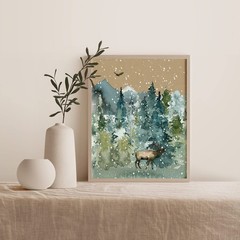 Wilderness Wall Art – Forest Wildlife Rustic 8 x 10 Inch, Green, Brown, beige