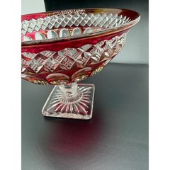 Vintage Ruby Red Flashed Glass Compote Bowl Diamond Cut Pedestal Dish 7.25in