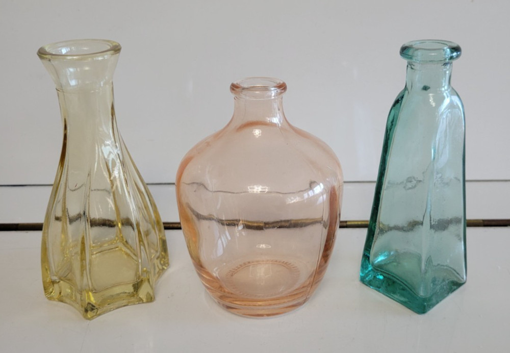 3 DECORATIVE GLASS BOTTLES YELLOW ASYMMETRICAL ORANGE ROUND GREEN SQUARE