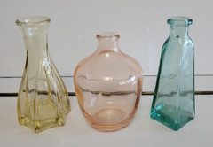 3 DECORATIVE GLASS BOTTLES YELLOW ASYMMETRICAL ORANGE ROUND GREEN SQUARE