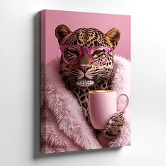 Canvas In Leopard Pink Glasses Fur Coat Coffee Cup Animal Poster Gallery Decor