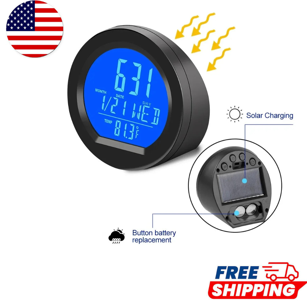 Car Dashboard Clock Solar Powered Thermometer Digital Temperature Time Display