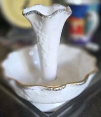 Vintage Single Horn White Ceramic Bud Vase Two Tier Gold Trim Tiny Chip On Rim