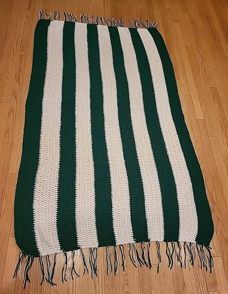 Handmade Blanket Afgan Throw Large 42 X 70 in Kelly Green & White Striped New
