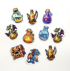 10pc Fantasy Dragon & Potion Glossy Vinyl Sticker Pack Cute RPG Gaming Stickers