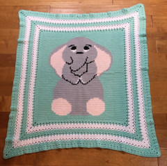 Hand Crocheted Mint Green Gray Baby Elephant Blanket Nursery Throw 49″ x 56″