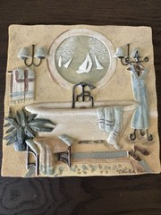 C. Winterle Olson Signed 3D Wall Art Tile ClawFoot Tub 5.5″ Retro Bathroom Decor