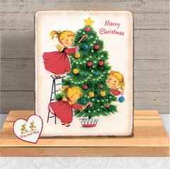 Angels Decorating Christmas Tree vintage style retro shelf art Decor sign WB-187