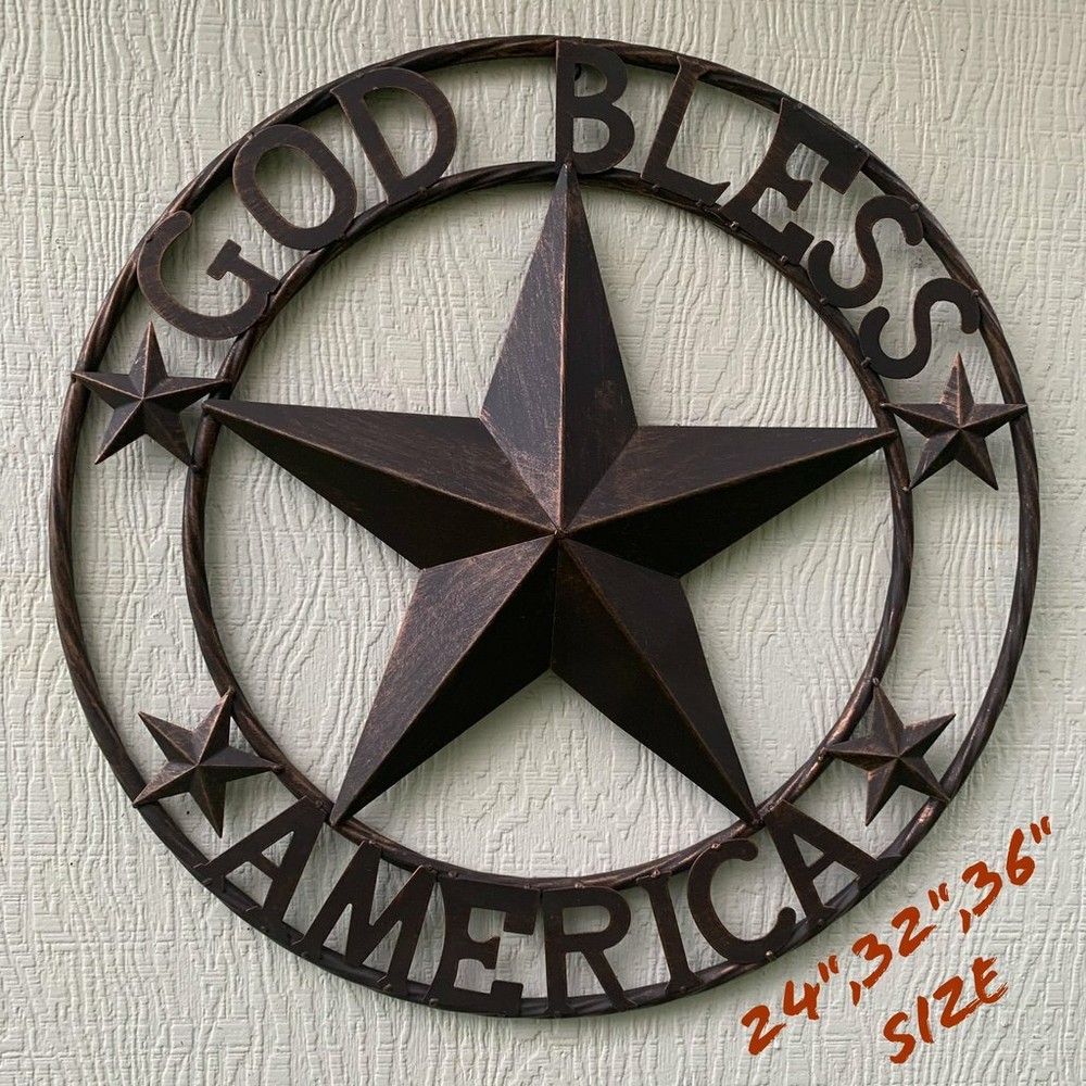 24″,32″,36″ GOD BLESS AMERICA BARN METAL STAR WESTERN HOME DECOR RUSTIC BRONZE