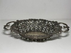 Floral and Scroll Pattern Silver Metal Openwork Basket, Centerpiece Basket