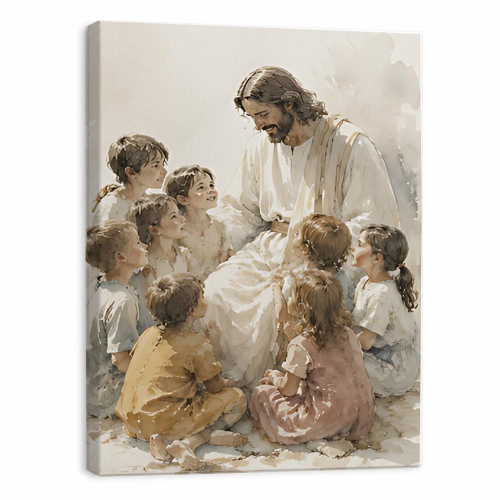 Jesus With Children Canvas Art Watercolor Style Christian Religious Decor Gift