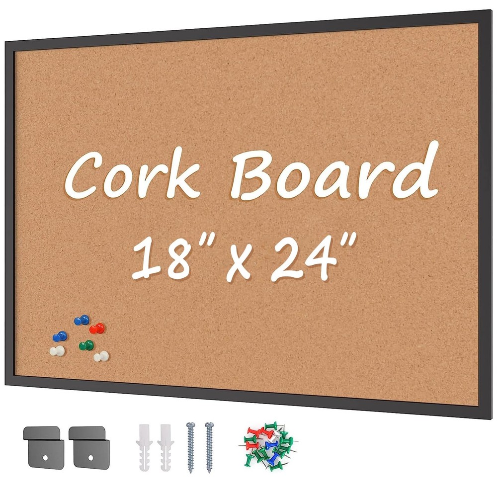 Black Wood Framed Large Wall Mounted Cork Bulletin Notice Board 24×18 In