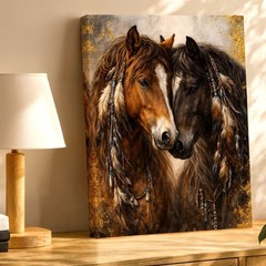 Wall Art Two Horses Canvas Print Rustic Western Animal Portrait Decor Gold Home