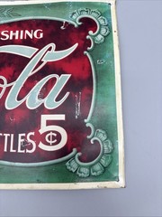 Vintage Metal Coca Cola Sign Faux Antique 5 Cents 16 in x 9 in