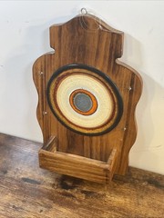 VTG MCM Wood Key Rack Fat Lava Bullseye Tile Ceramic Wall Mail Holder Organizer