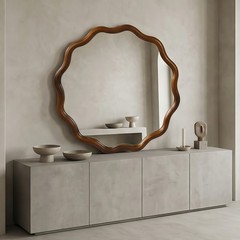 36 in Wavy Mirror, Round Solid Wood Frame Decorative Mirror For Bathroom Hotel