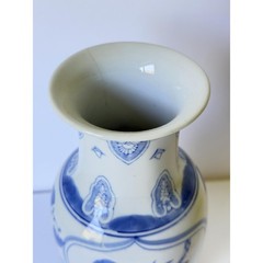 Vintage Blue & White Chinoiserie Vase | 10″ Porcelain Lotus Flower and Bird Vase