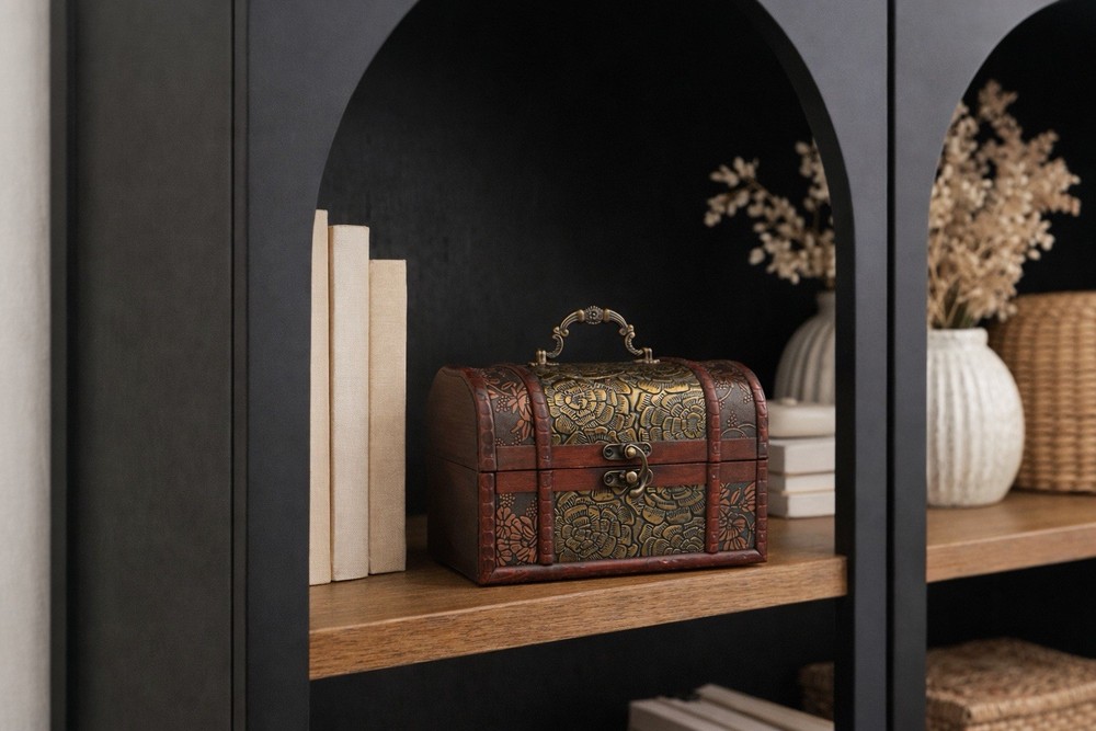 Unique Studio McGee Inspired Embossed Metal Wood Treasure Chest Trinket Box 7”