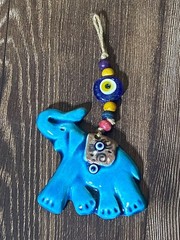 Handmade Turkish Ceramic Elephant Evil Eye Wall Hanging Charm Nazar Amulet 4”