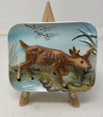 Vintage 3D Porcelain Deer Woodland Scene Small Wall Plaque 5.75″ x 4.75 Enesco