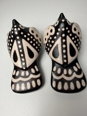 Vintage Peru Chulucanas Pottery Bird Figurines Black White Folk Art Pair