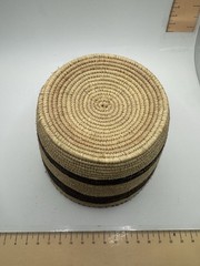 Handwoven Coiled Striped Basket Natural Fiber Boho Tribal Decor Brown Beige 7.5″