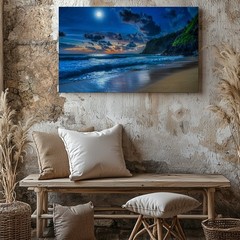 Serene Moonlit Beach Scene At Night, Featuring A Luminous Full Moon Wall Art