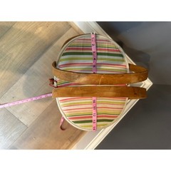 Vintage 1950s 60s Woven Wicker Sewing Basket Striped Fabric Padded Lid Large