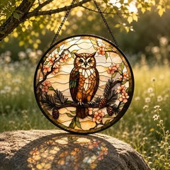 Owl Stained Glass Suncatcher Woodland Window Hanging Bird Nature Decor Gift