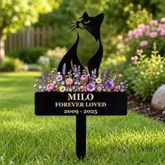 Personalized Cat Memorial Garden Stake, Custom Floral Pet Loss Remembrance Yard