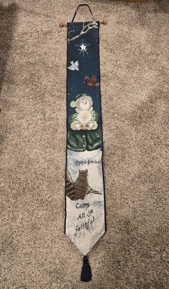 Vintage «Come All Ye Faithful » Snowman Wall Hanging Tapestry 6″w X 47″ L