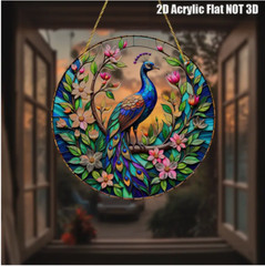 Large Peacock Suncatcher Window Hanging-7.87″-Acrylic-Stained Glass Look-2D